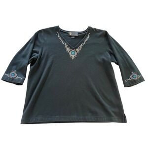 Christine Alexander Black Rhinestone Turquoise Embellished V-Neck Top Large